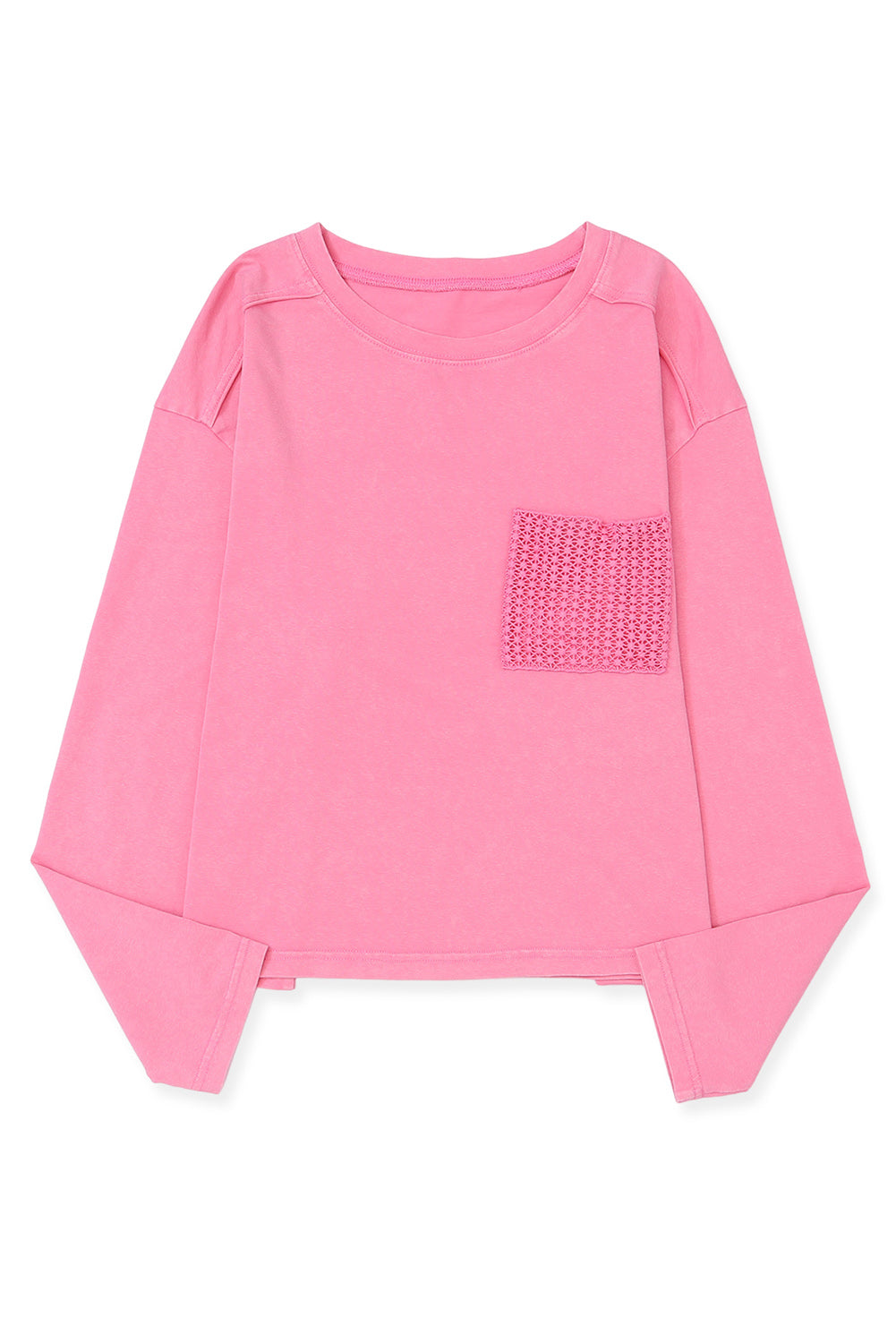 Pink Lace Patch Pocket Long Sleeve T-shirt