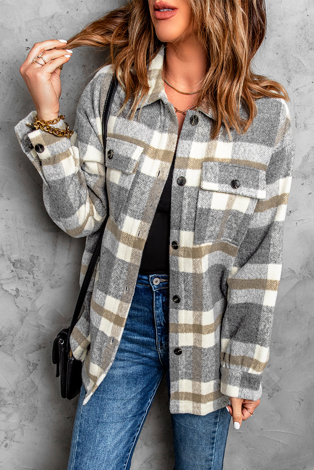 Women's jacket with pocket in brown plaid print