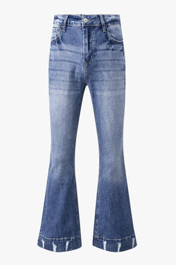 Lightly distressed sky blue flared jeans with a medium wash