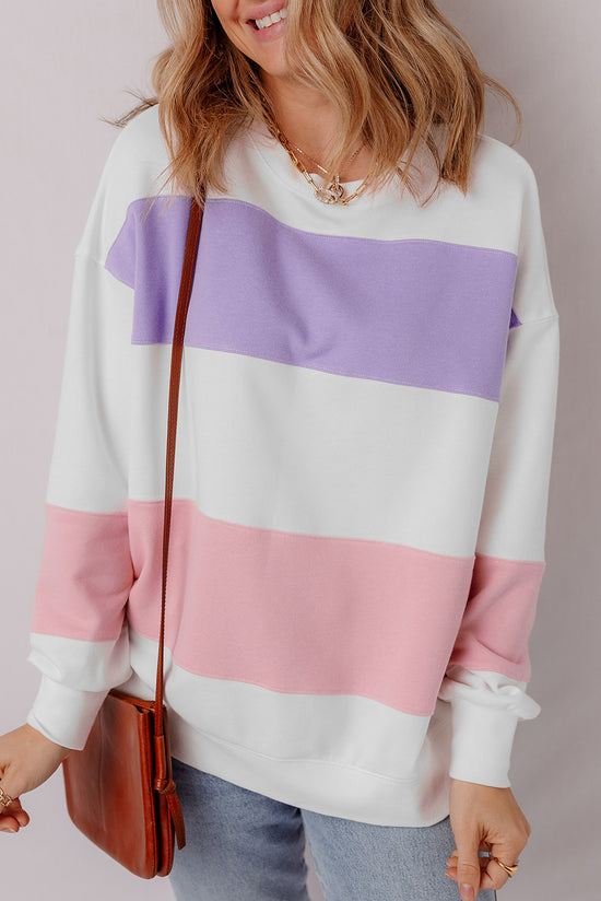 Beige crew neck sweatshirt with dropped shoulders in color block patchwork