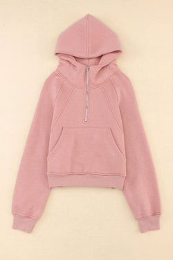 Pink hoodie with kangaroo pocket and quarter zip