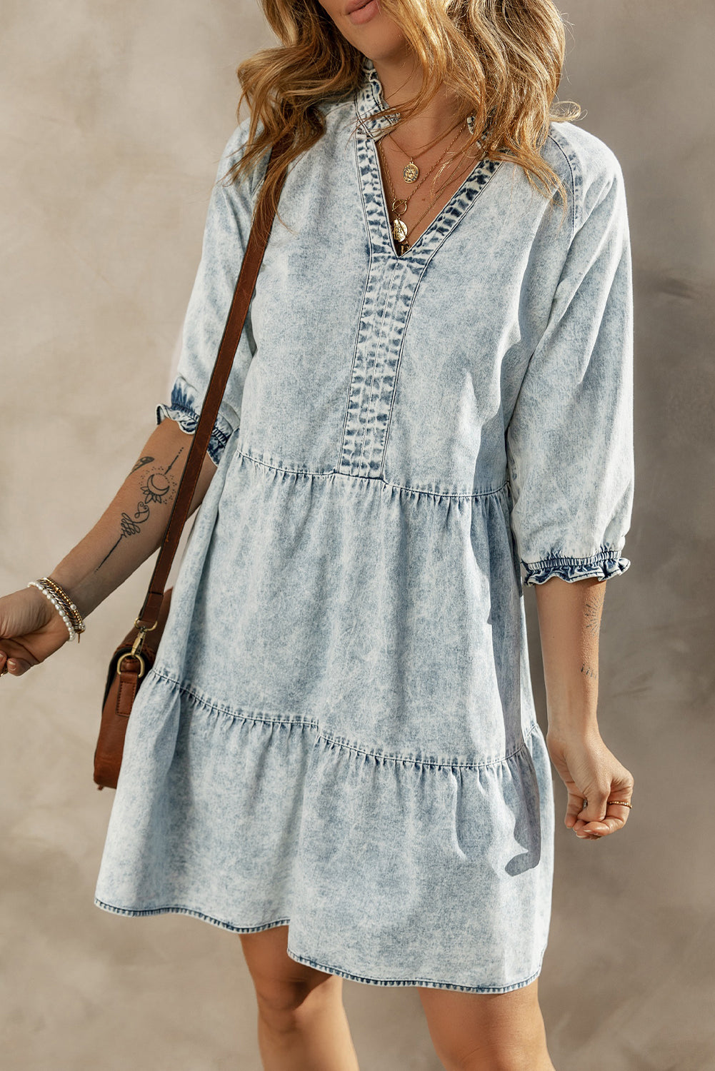 Retro Mid Sleeve Acid Wash Flare Denim Dress in Dusk Blue