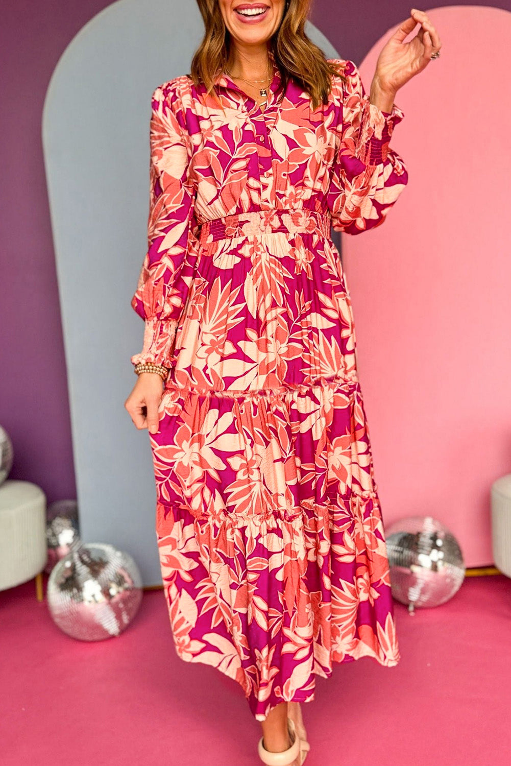 Pink Floral Print Buttoned Smocked High Waist Maxi Dress