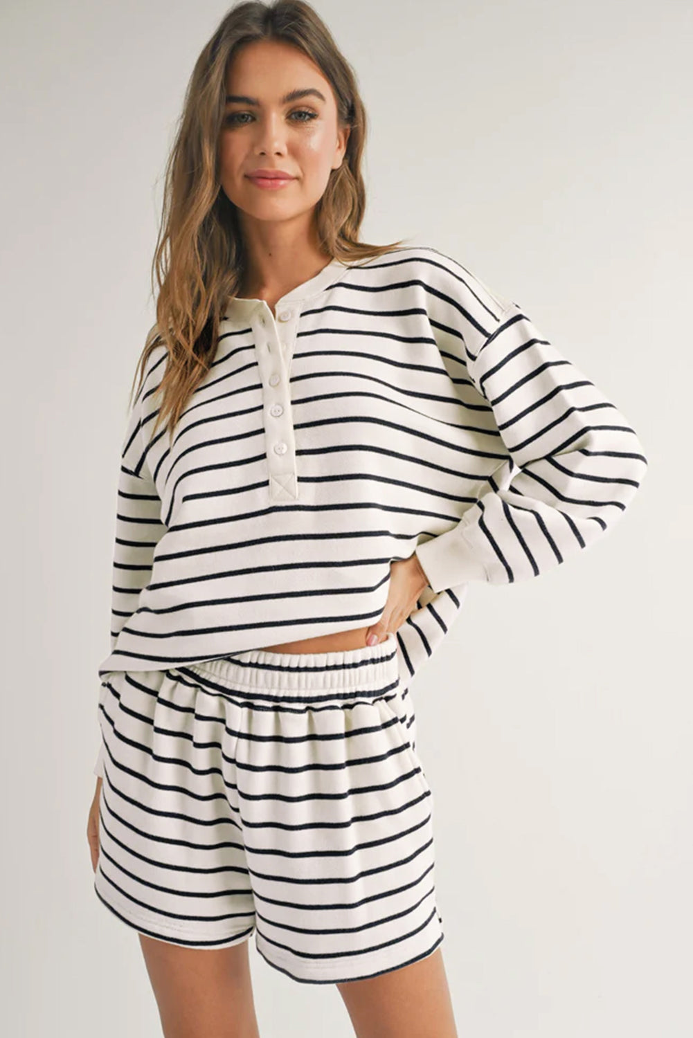 Black and white striped printed half button long sleeve top and shorts set