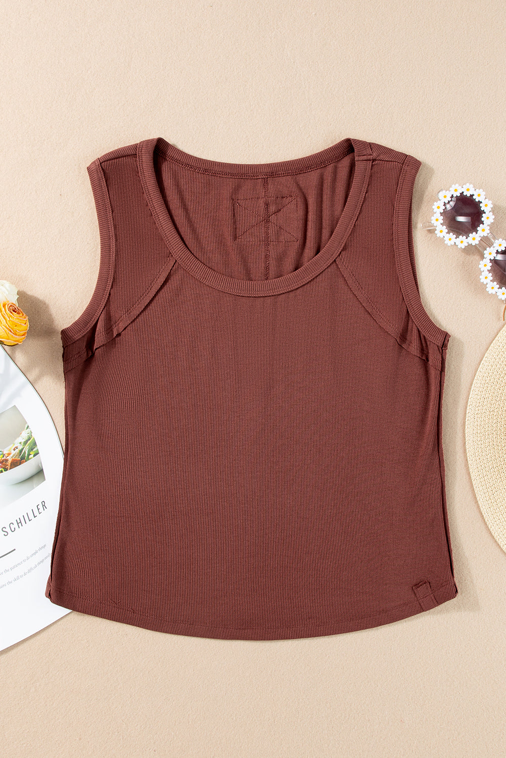 Coffee Ribbed Exposed Seam Cropped Tank Top