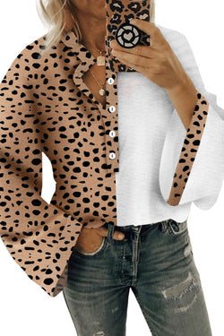 Detailed blouse with contrasting khaki leopard contrast bouton