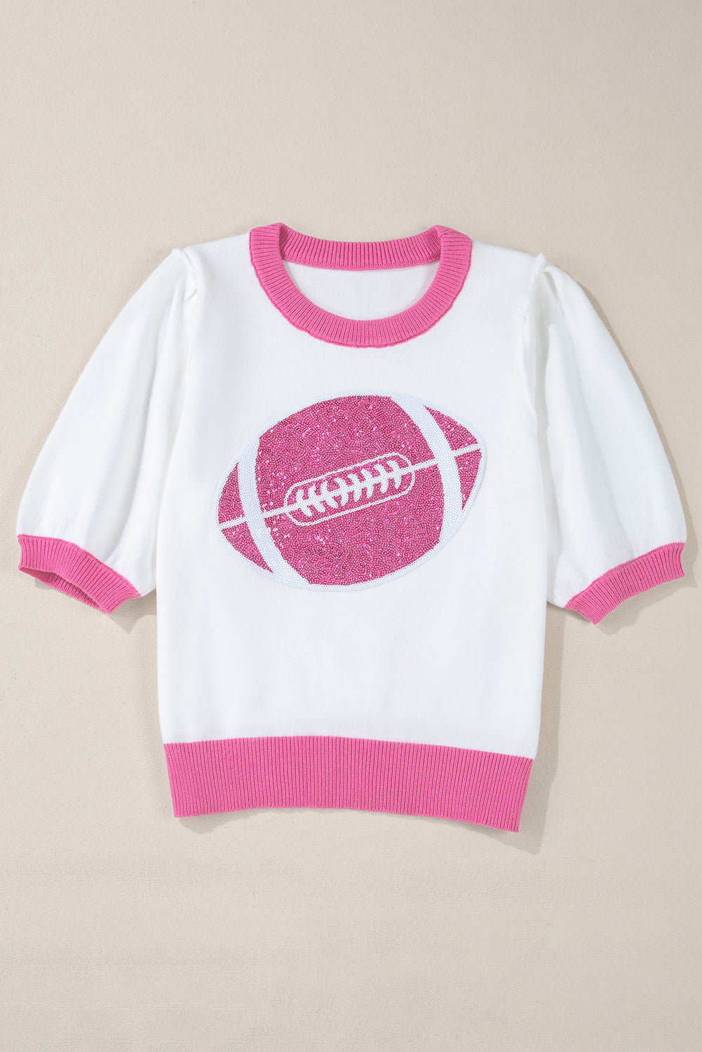 Pull à manches courtes bouffantes à blocs de couleurs Rugby à sequins rose