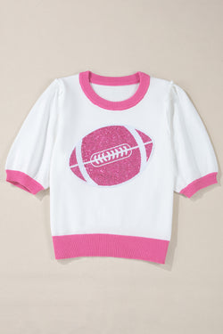 Short -shaped sleeve sweater with rugby sequins rugby color blocks