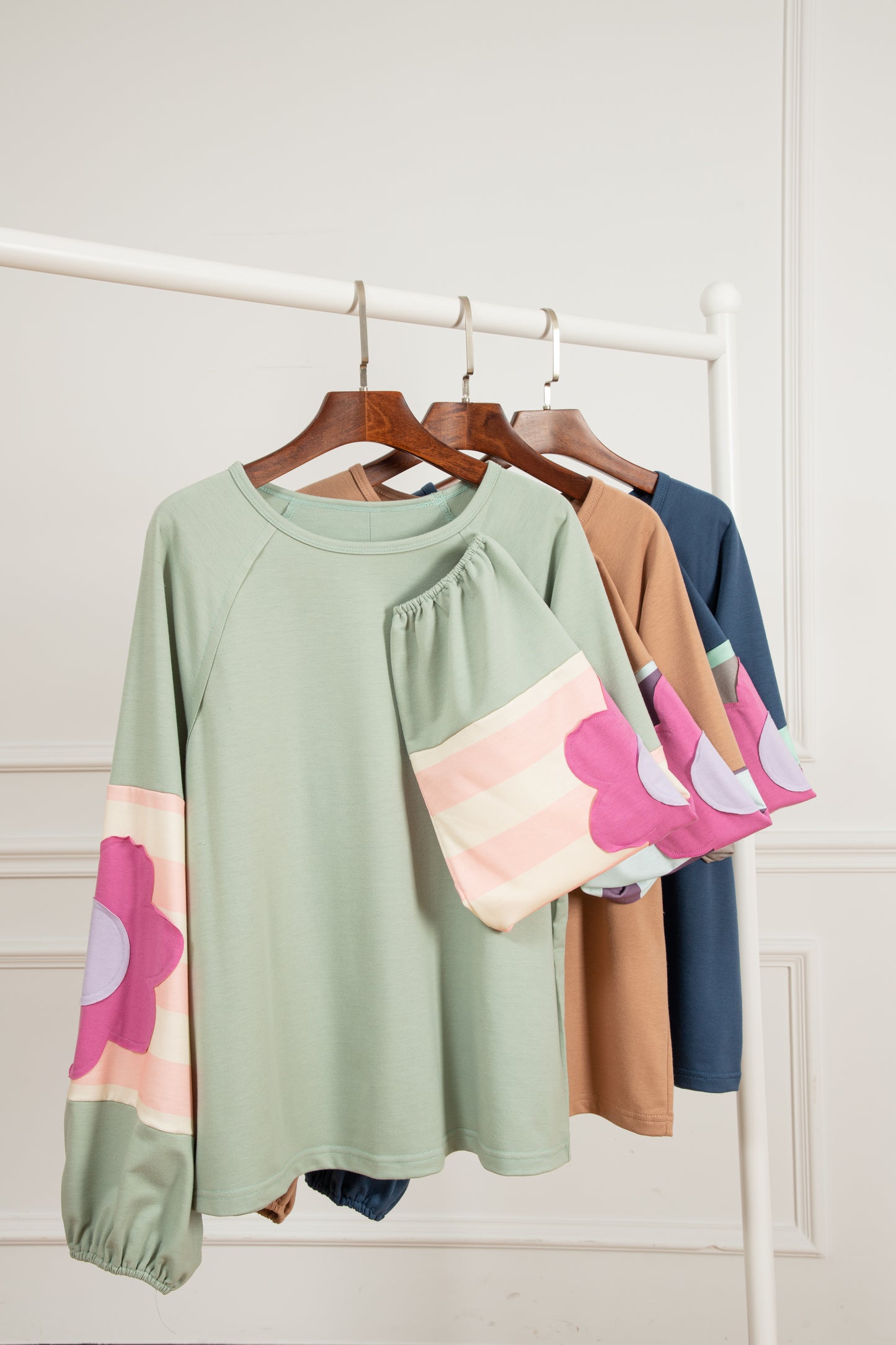 Smoke Green Flower Patchwork Raglan Sleeve Exposed Seam Overszed Top