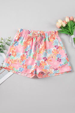 Casual Drawstring Shorts with Side Pockets in Pink Floral Print