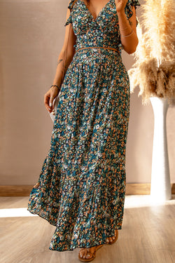 High short -ruffled short set and long multicolored flower skirt