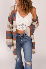 Cardigan en tricot évidé à rayures bleues et blocs de couleurs-A WOMAN WE LOVE