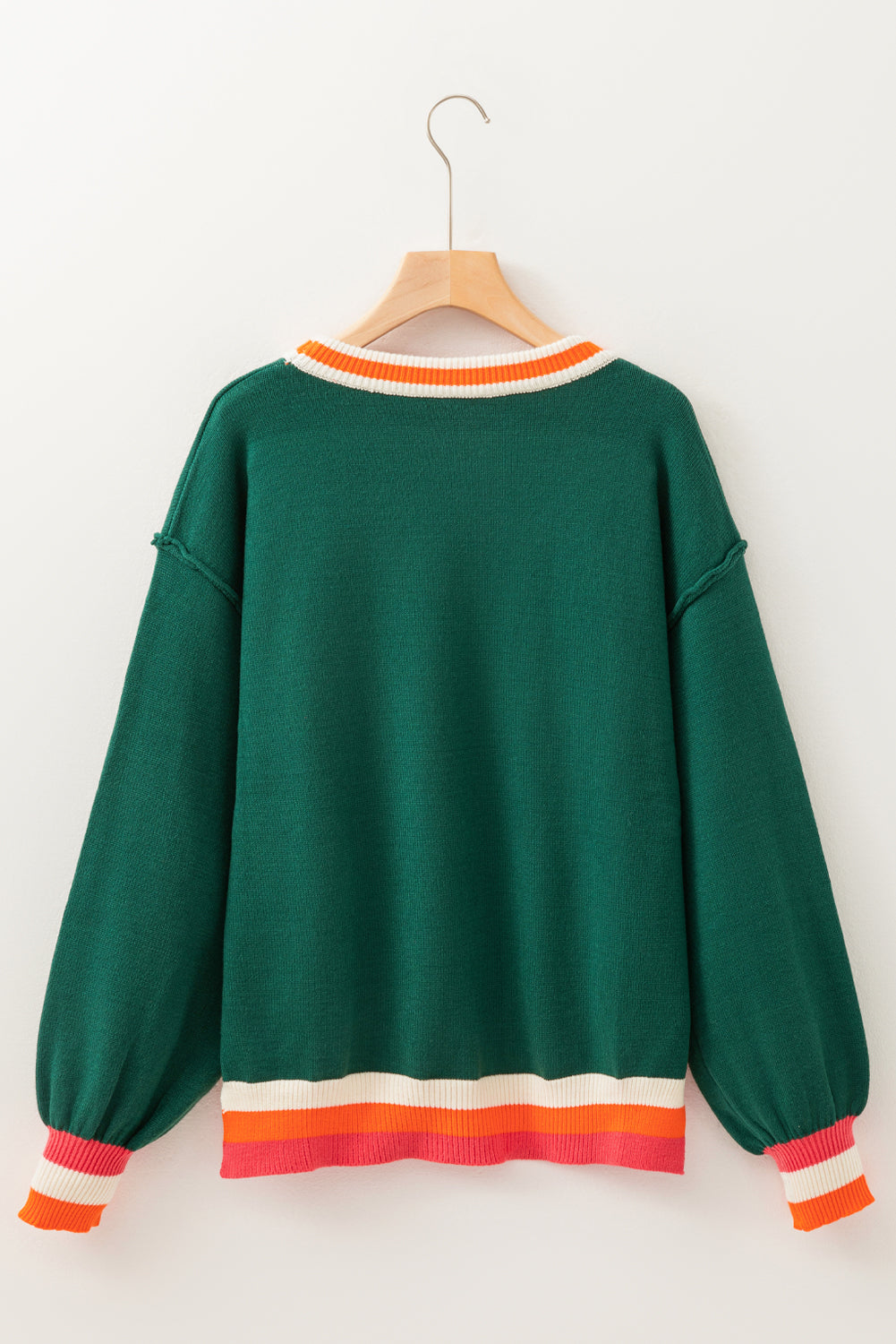 Crew neck sweater with striped trim and glittery Santa motif in blackish green