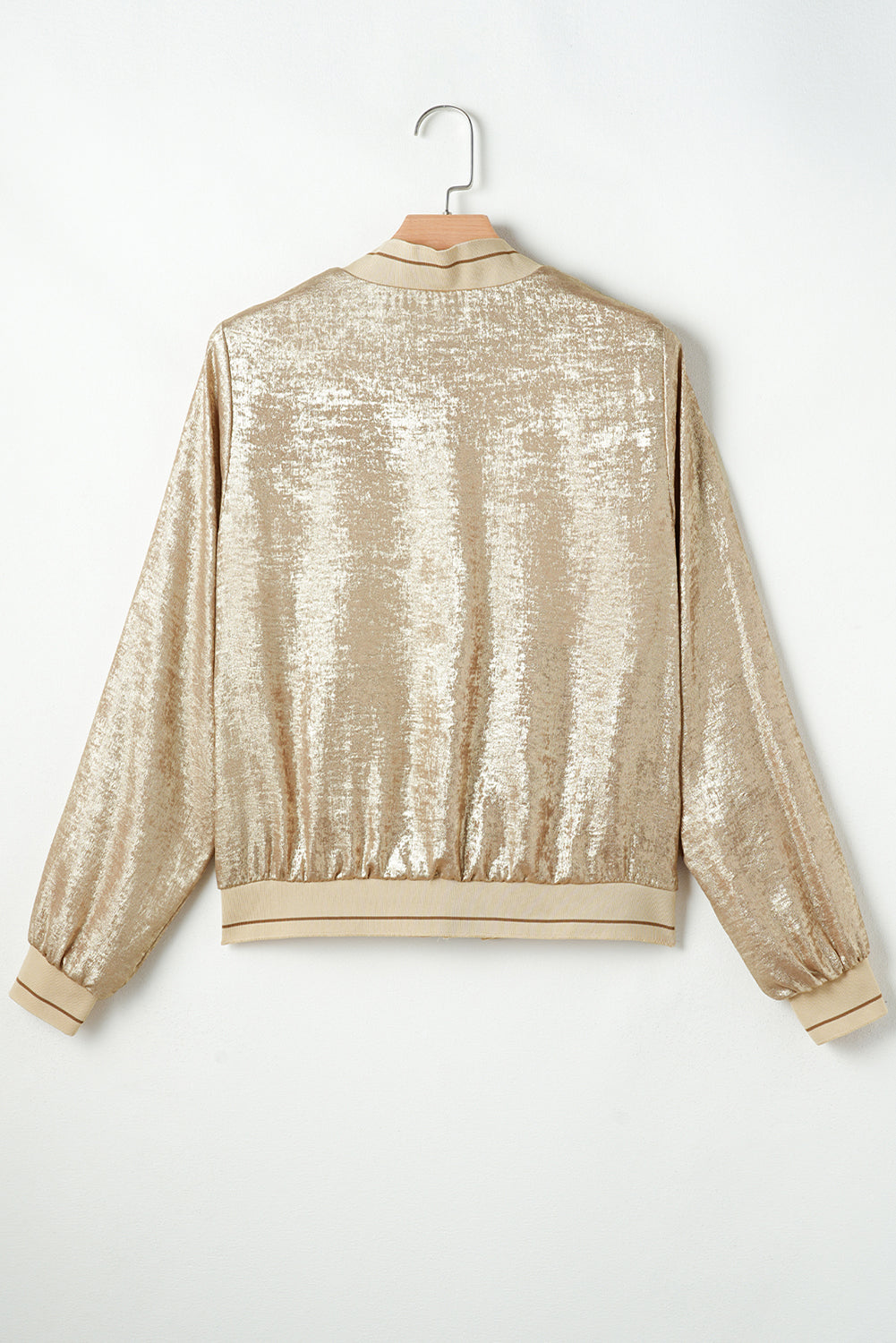 Metallic Pale Khaki Zip-Up Baseball Jacket