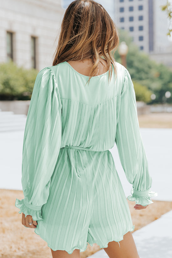 Green V-Neck Pleated Romper with Ruffles and Buttons at the Waist