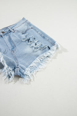 Light Blue Ripped High Waisted Denim Shorts with Raw Hem