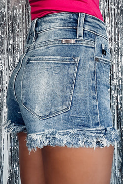 Blue High Waisted Raw Hem Skinny Denim Shorts