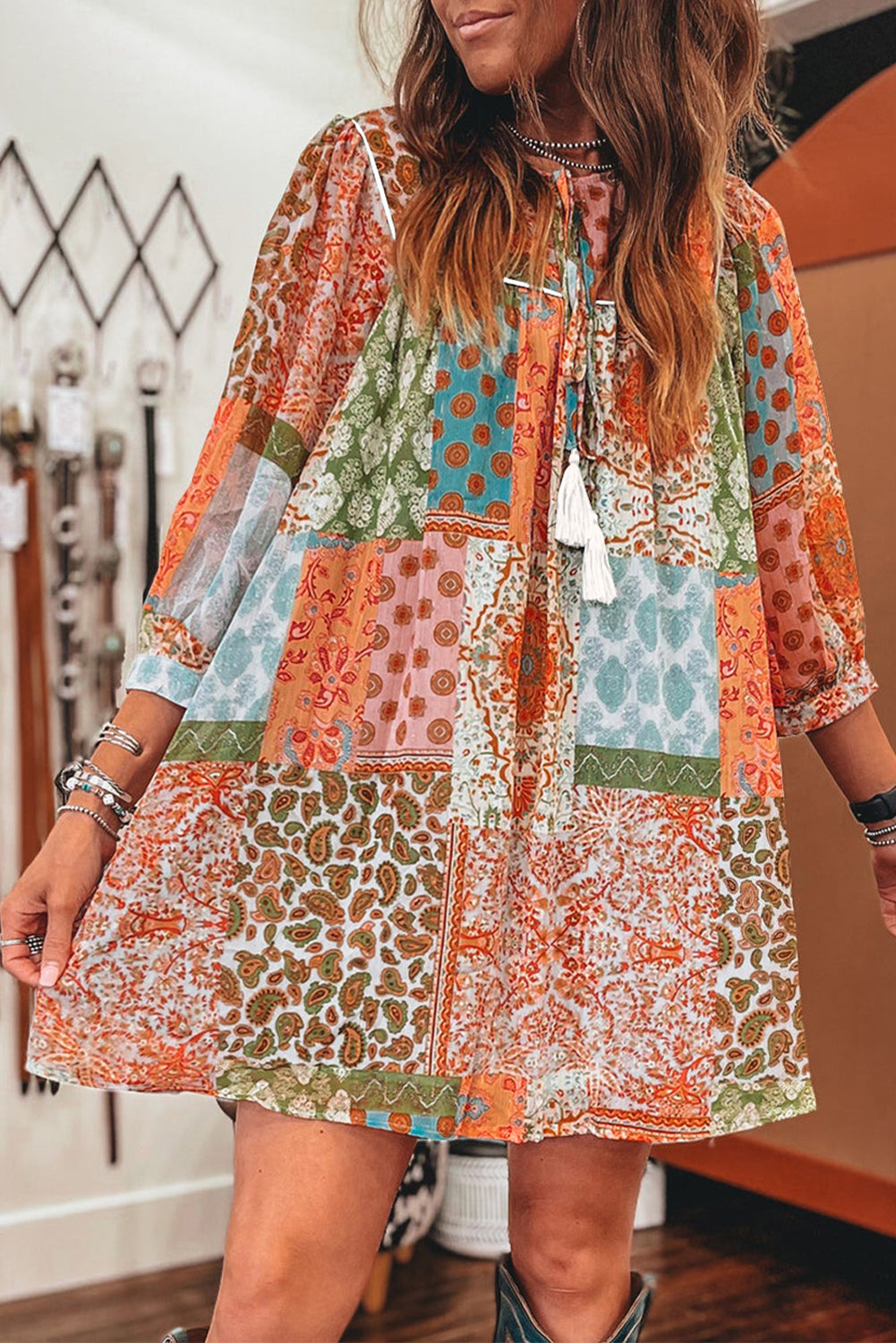 Orange Boho Paisley gemischter Druck 3/4 Ärmel Chiffon Lose Kleid