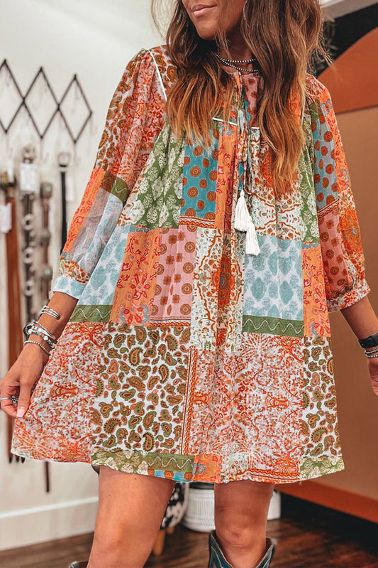 Naranja boho paisley estampado mixto 3/4 manga de manga vestido suelto