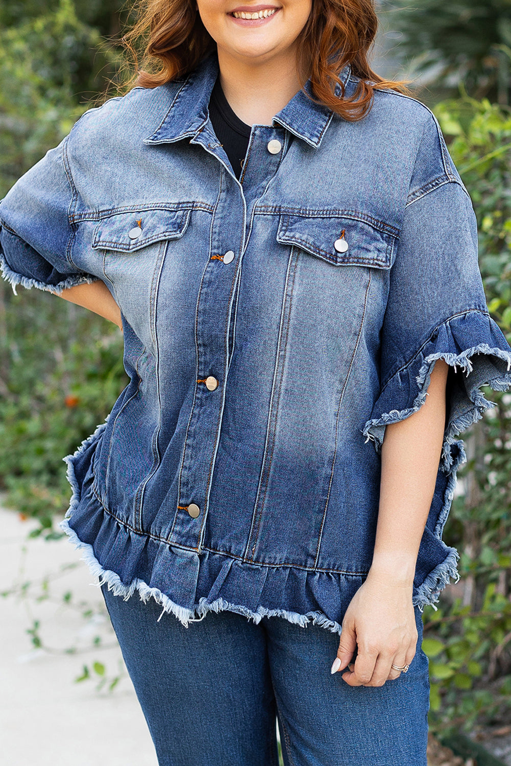 Plus Size Peacock Blue Frayed Short Sleeve Denim Jacket