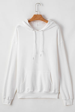 White thick hooded sweatshirt with kangaroo pocket and polar lined tightening cord