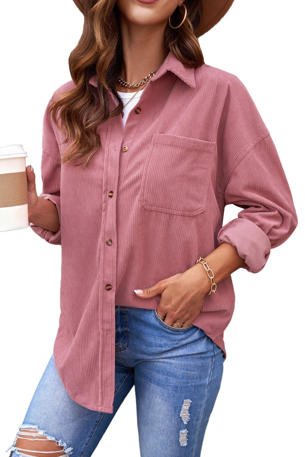 Chemise de poche à bouton en velours rose