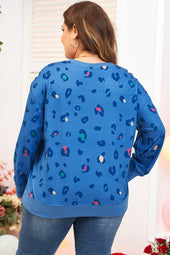 Sky Blue Leopard Ribbed Drop Shoulder Pullover Sweatshirt