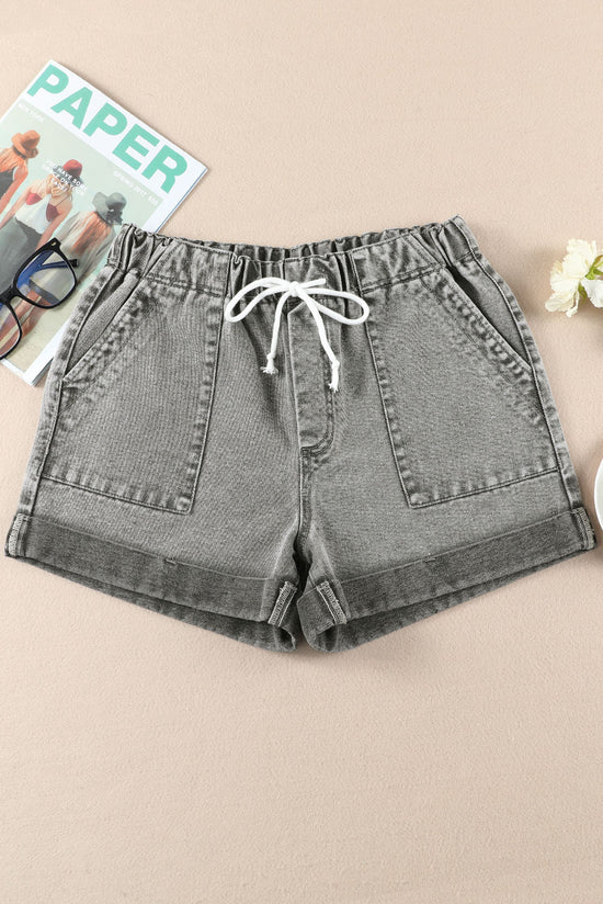 Grey high waisted denim shorts with pockets and drawstring