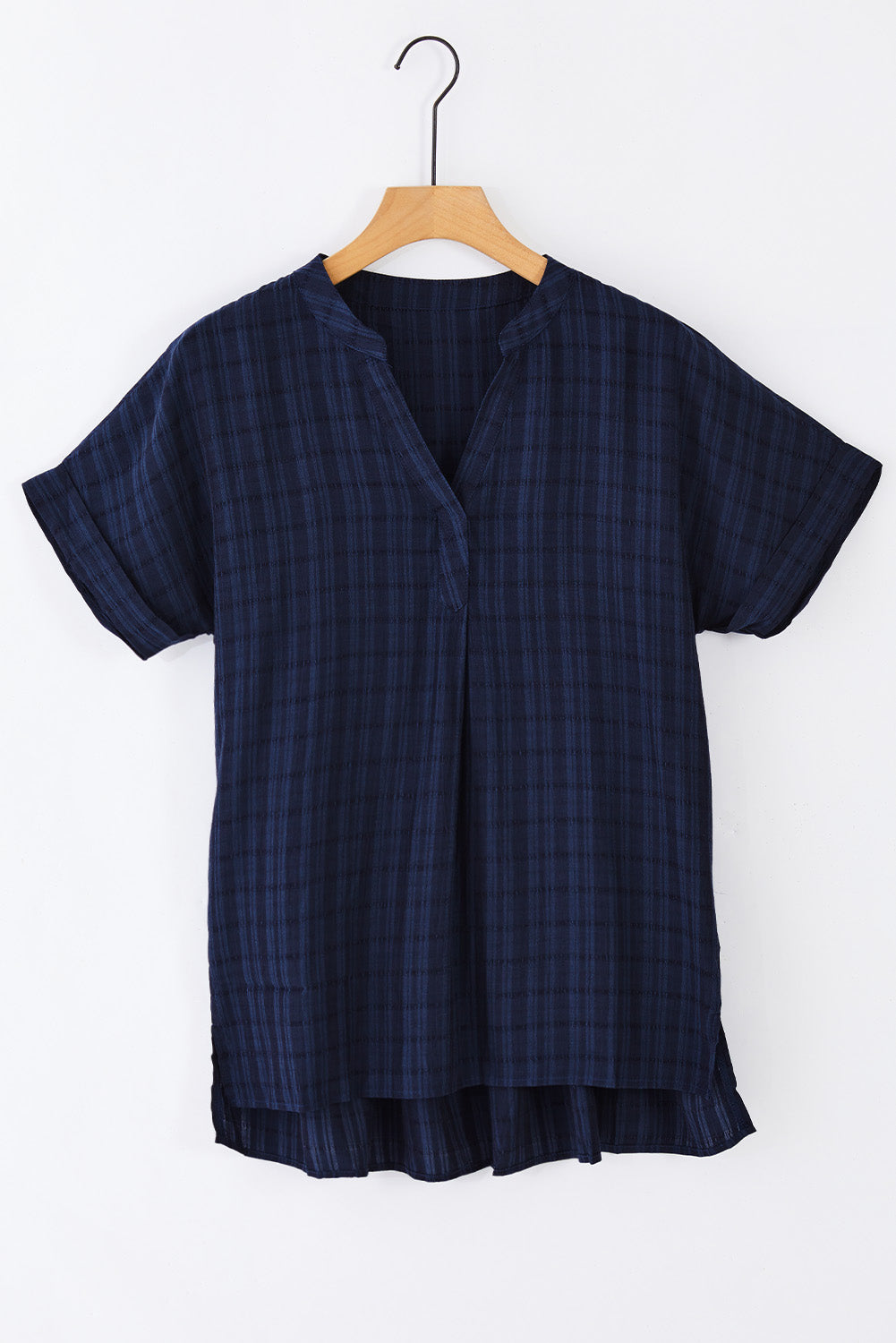 Navy Plaid Print Lose V Neck Kurzarmhemd mit Schlitzen