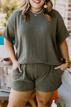 Plus Size Moss Green Ribbed Knit Top and Shorts Set