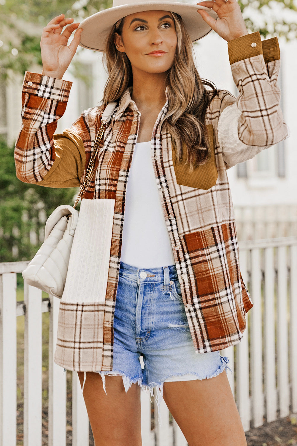 Chaqueta estilo camisa con patchwork en bloques de color a cuadros naranja con bolsillo