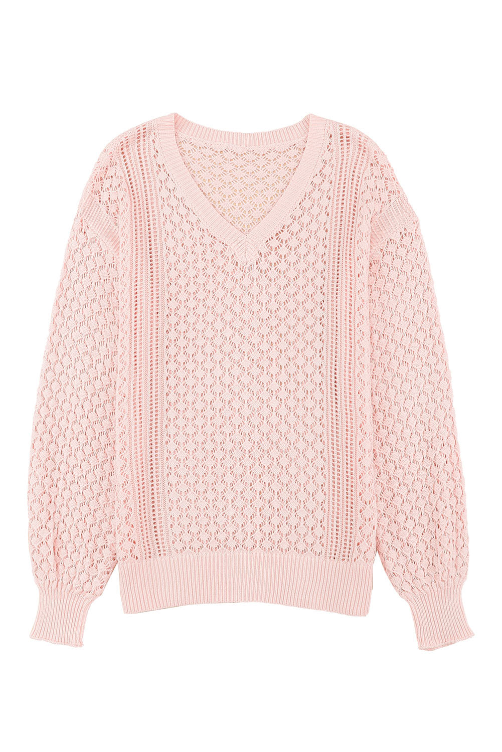 Rosa lose Pointeelle strickte gerippte V -Nackenpullover