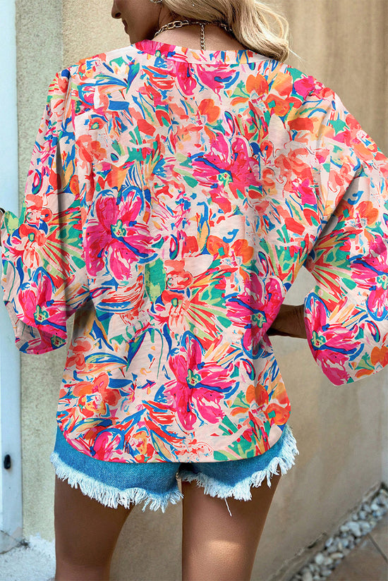 Multicolored blouse with floral print and sleeve with v -neck collar