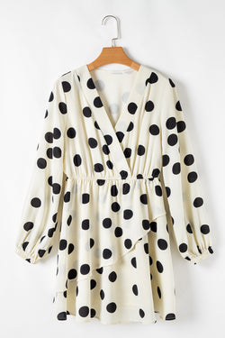 Short dress with beige polka dot with v * collar