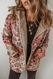 Beige Sherpa Lined Hooded Jacket with Vintage Paisley Floral Print