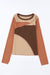 Brown ribbed knit top with exposed seams and color blocking