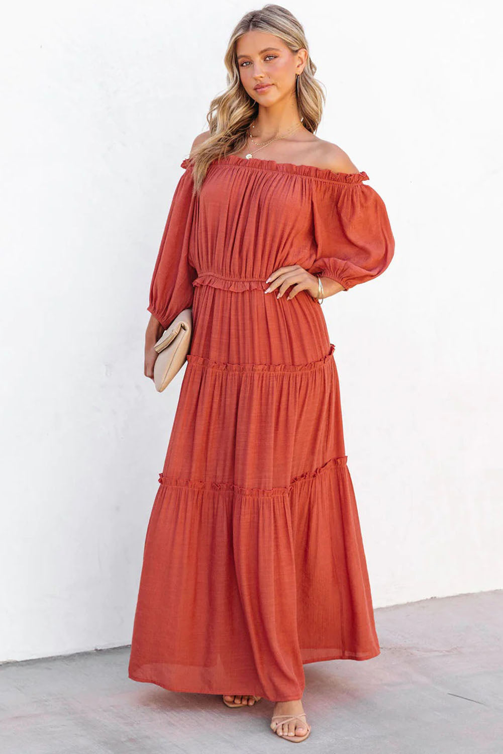 Orange Off Balloon Balloon Soueve Coupte Ruffled Maxi Robe