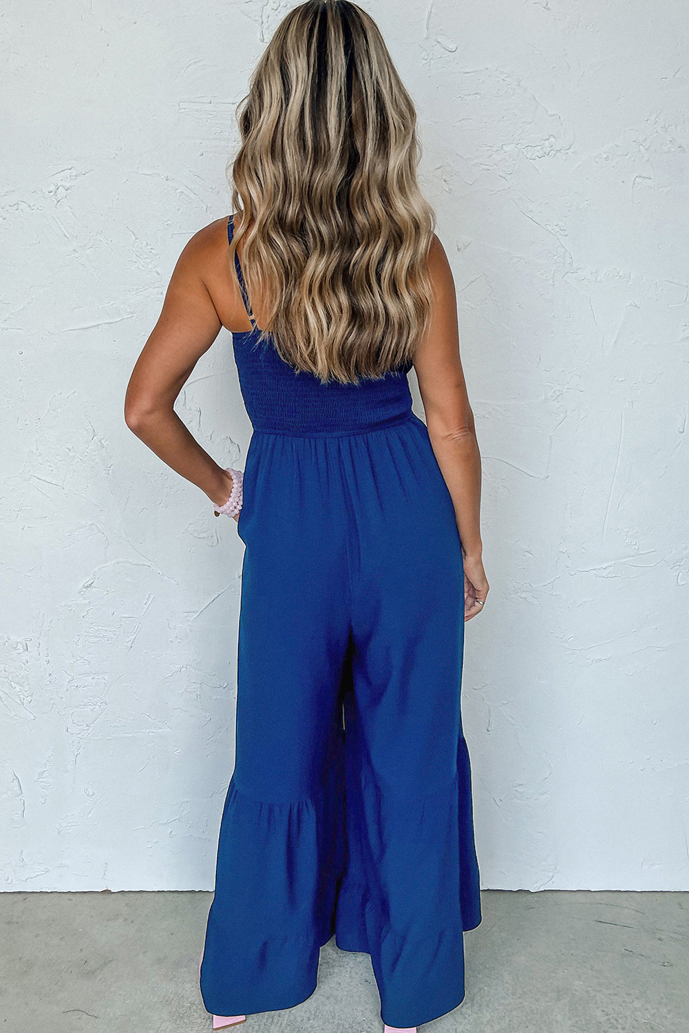 Navy Blue Spaghetti Strap Smocked Ruffle Wide Leg Jumpsuit