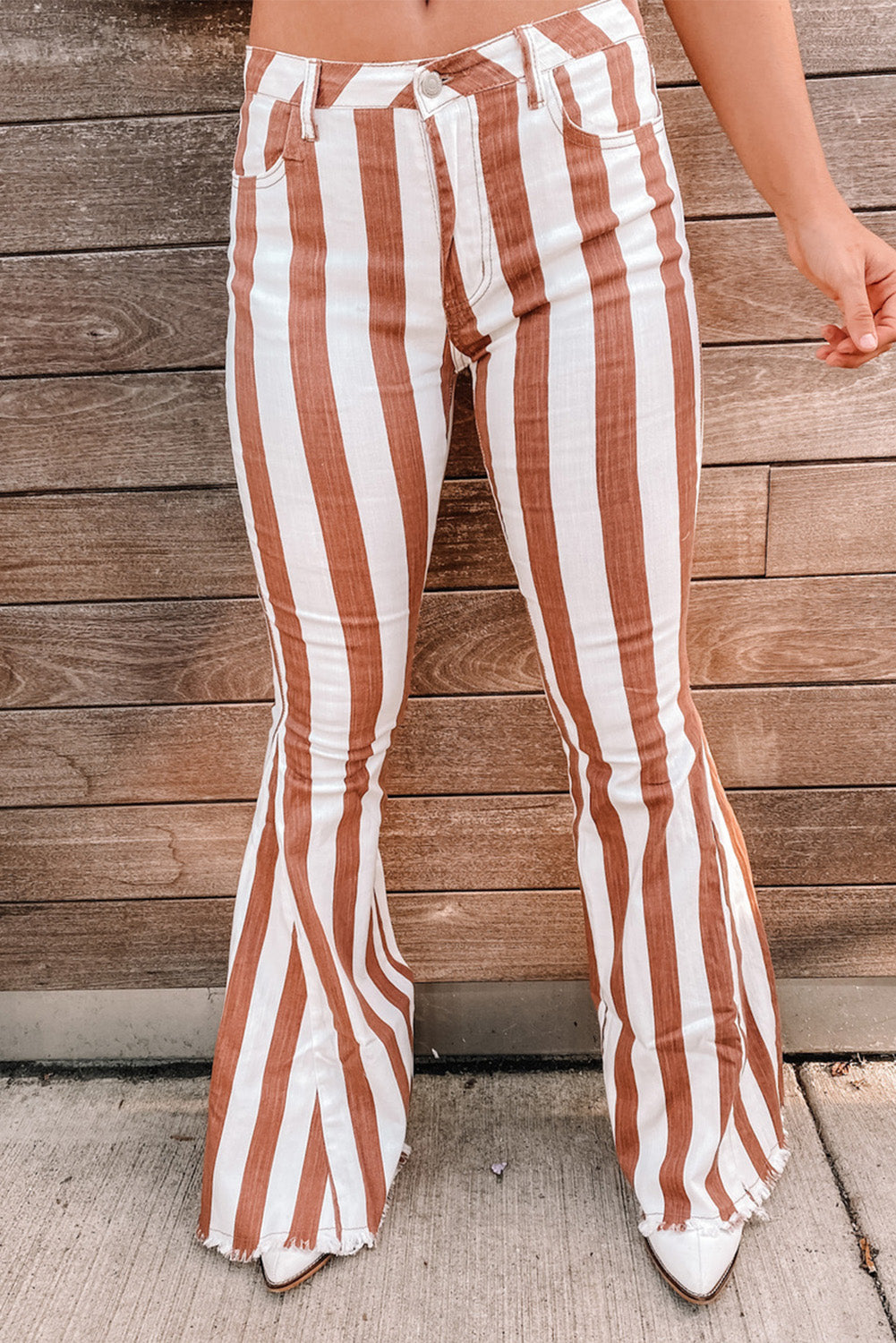 Pantalon en denim marron à rayures et franges