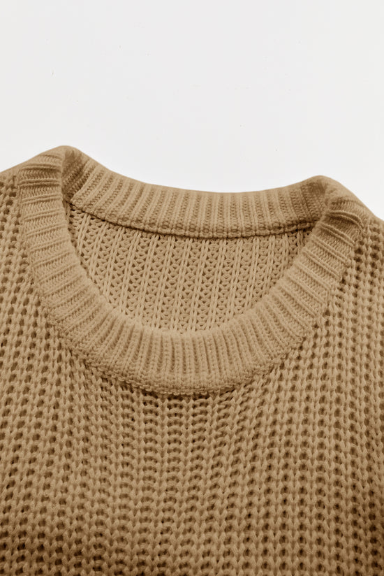 Thick and loose sweater in ribbed khaki with round neck