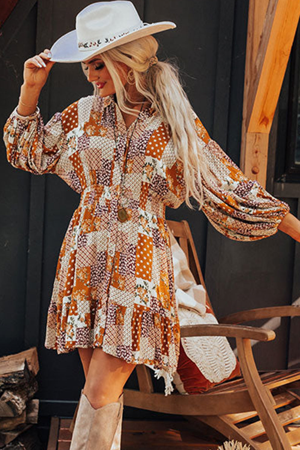 Orange Boho Floral Puff manga Smocked Winist Mini camisa Vestido