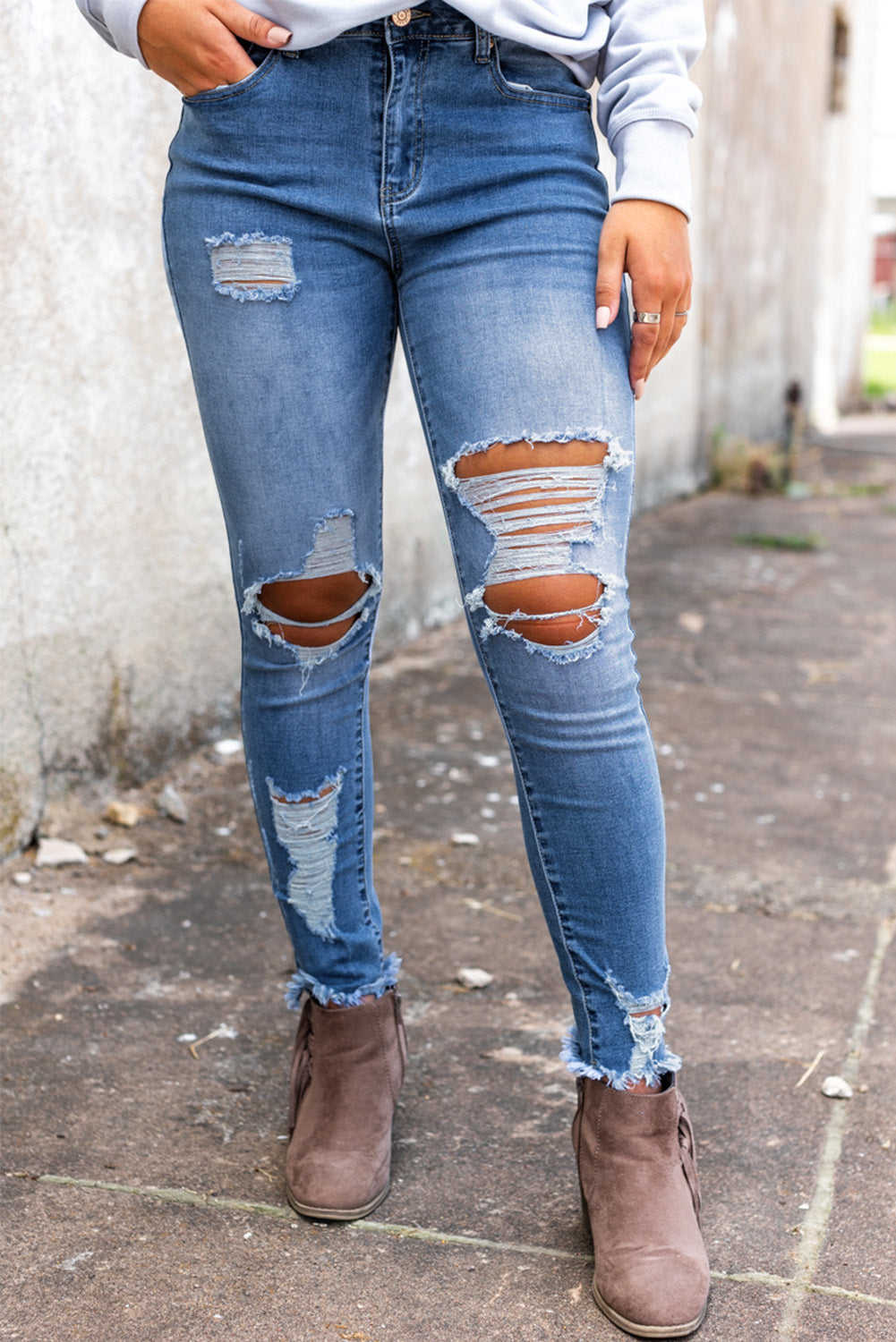 Jean skinny bleu ciel taille haute effet vieilli