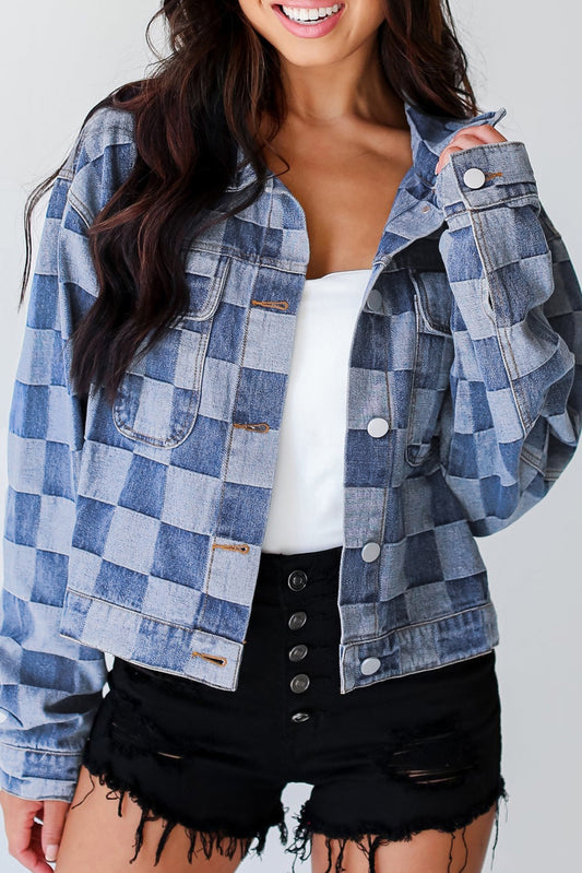 Veste en jean boutonnée à carreaux bleu clair et patchwork