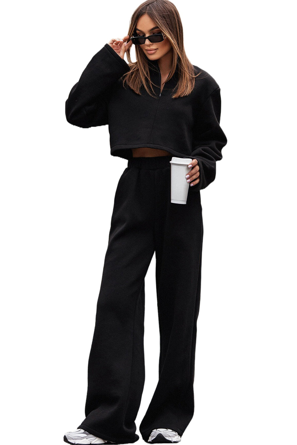 Black zip neck crop top and wide leg pants set