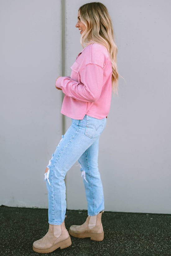 Chaqueta de camisa rosa con bolsillos y cuello doblado