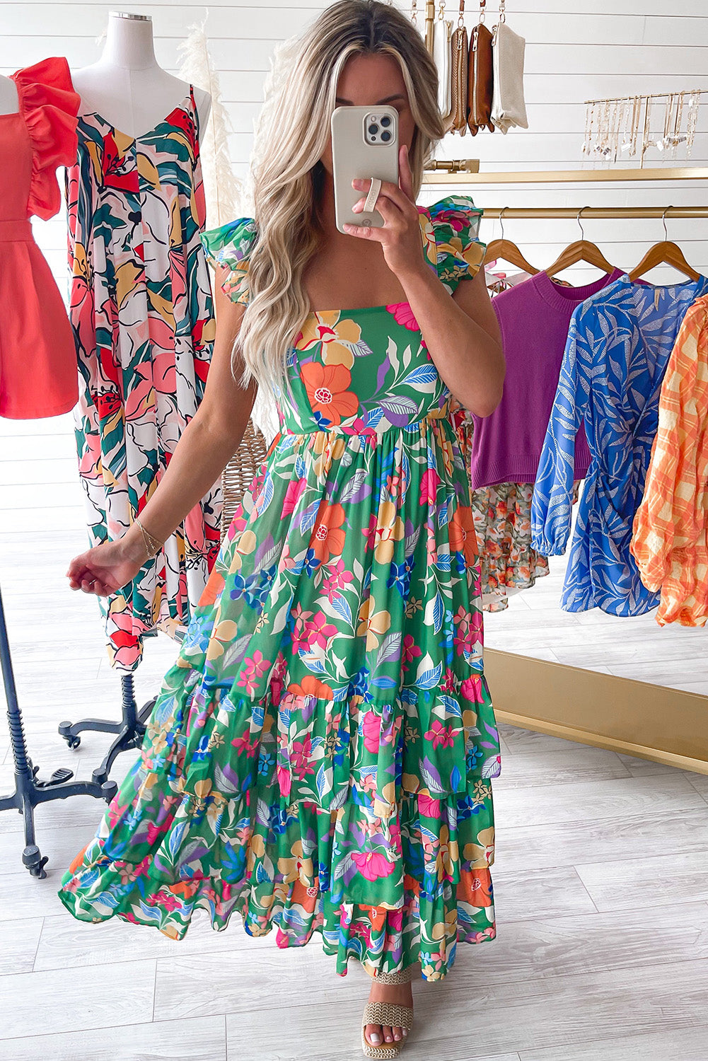 Green Floral Print Sleeveless Ruffled Maxi Dress