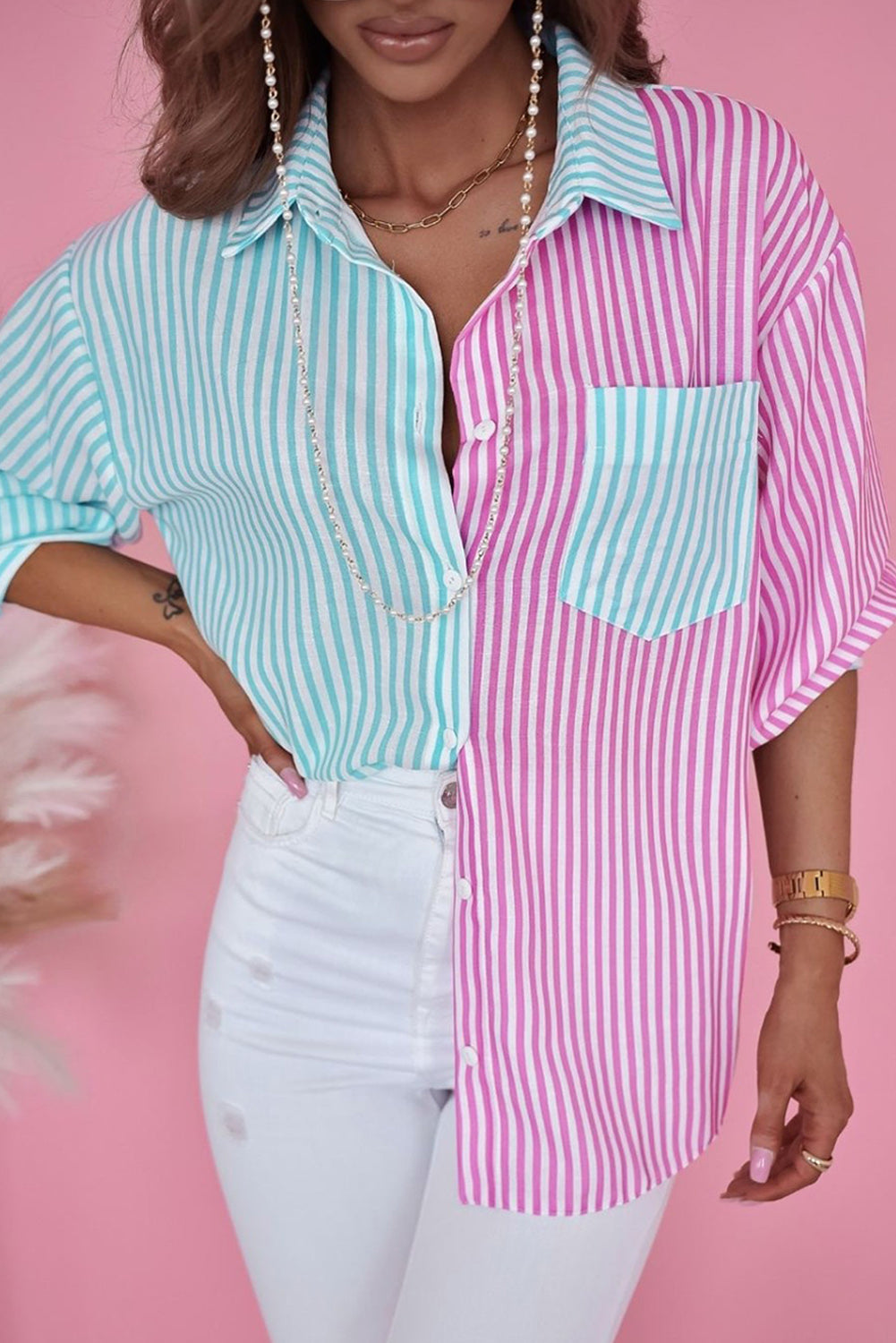 Green Contrast Striped Print Shirt