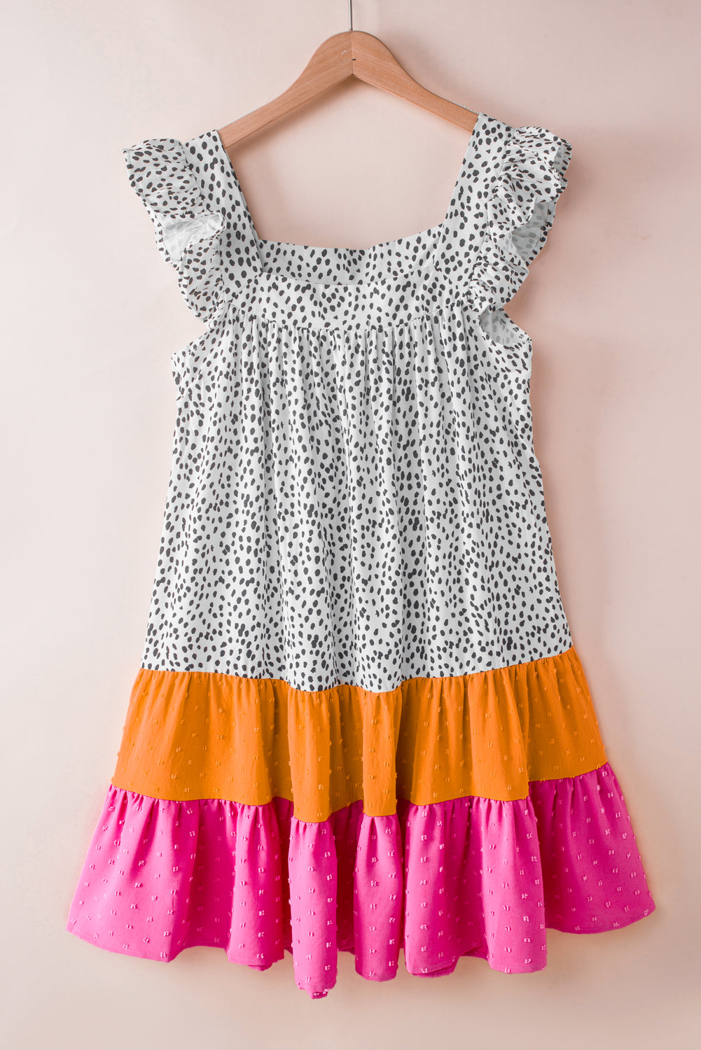 Leopardo Colorblock Swiss Dot Flutter manga cuadrado cuadrado mini vestido