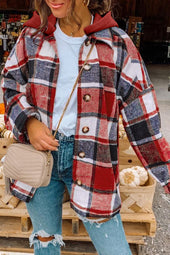 Bright red hooded jacket checkered buttoned on the front