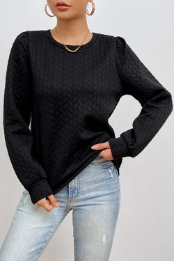 Black Textured Puff Sleeve Twist Sweatshirt